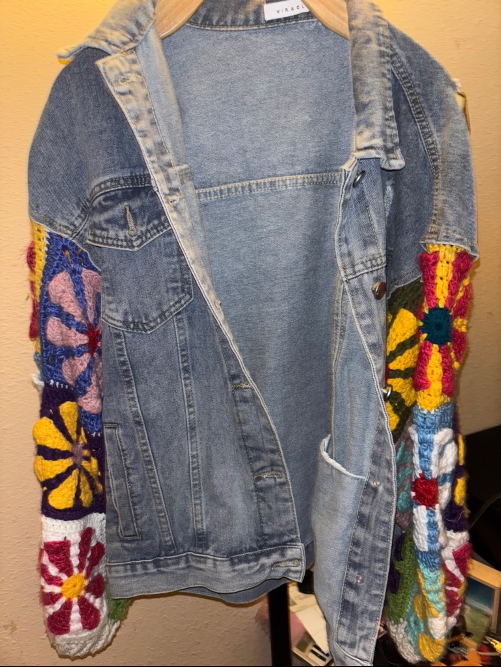 Miracle Denim Jacket with Multicolor Crochet Sleeves
